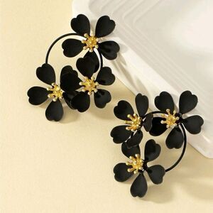 Black Flowers Round Floral Earrings